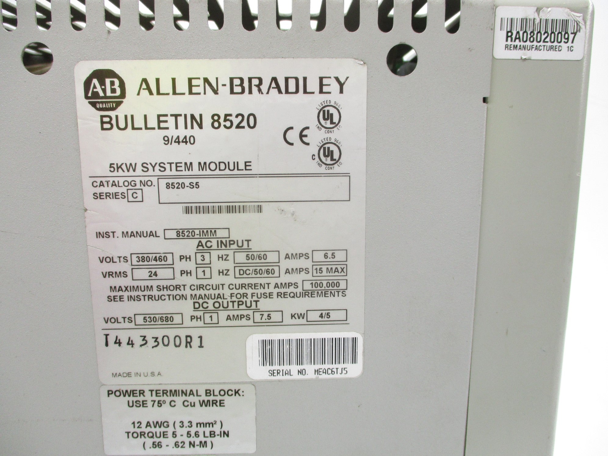 INDUSTRIAL SPARE PART 8520-S5 RA08020097 SER. C REMAN