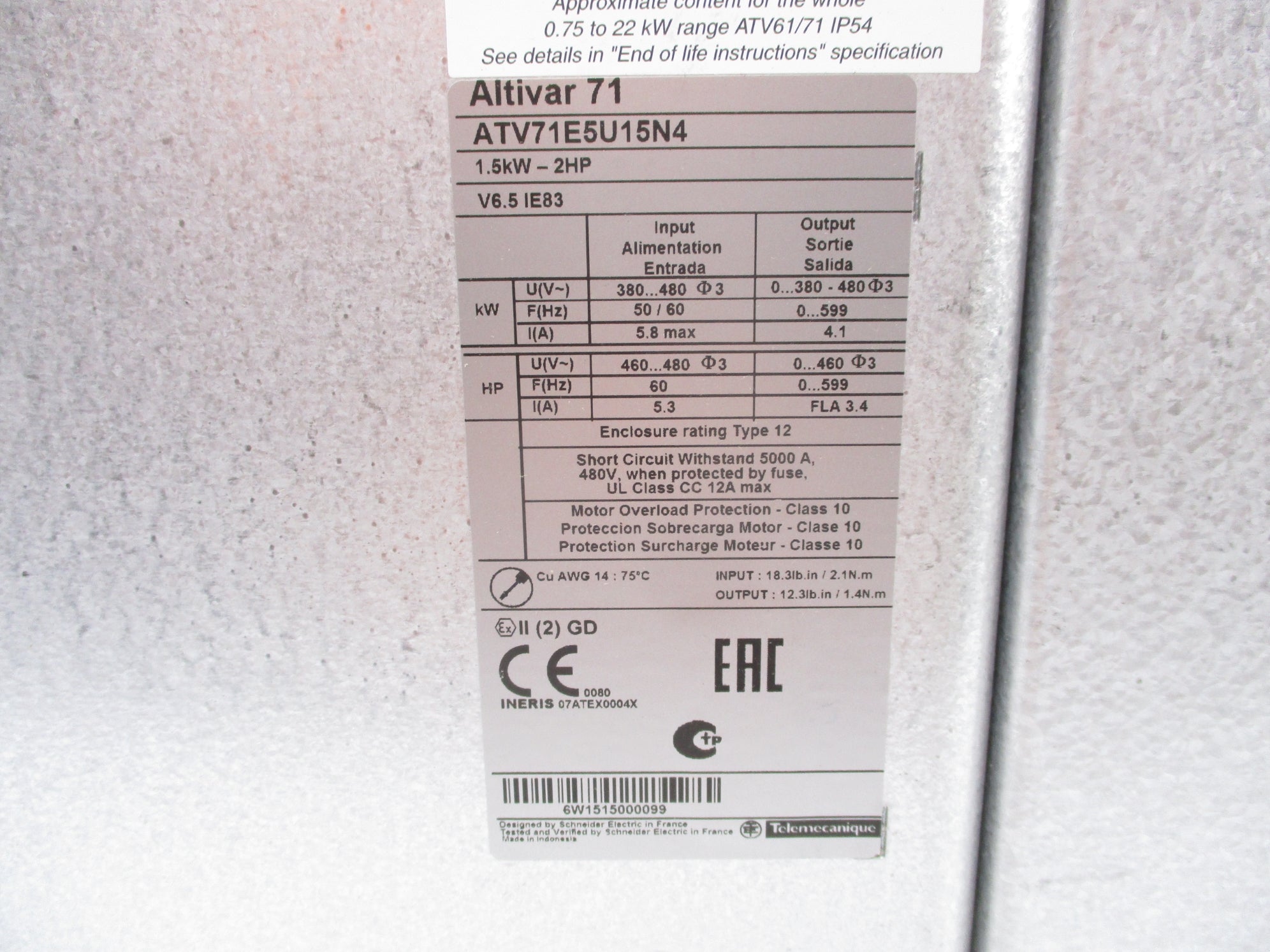 SCHNEIDER ELECTRIC ATV71E5U15N4 NSNP