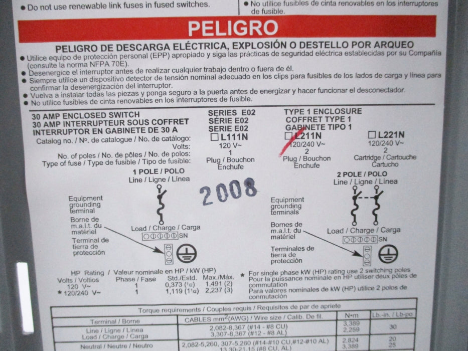 SQUARE D L211N SER. E02 120/240V NSNP