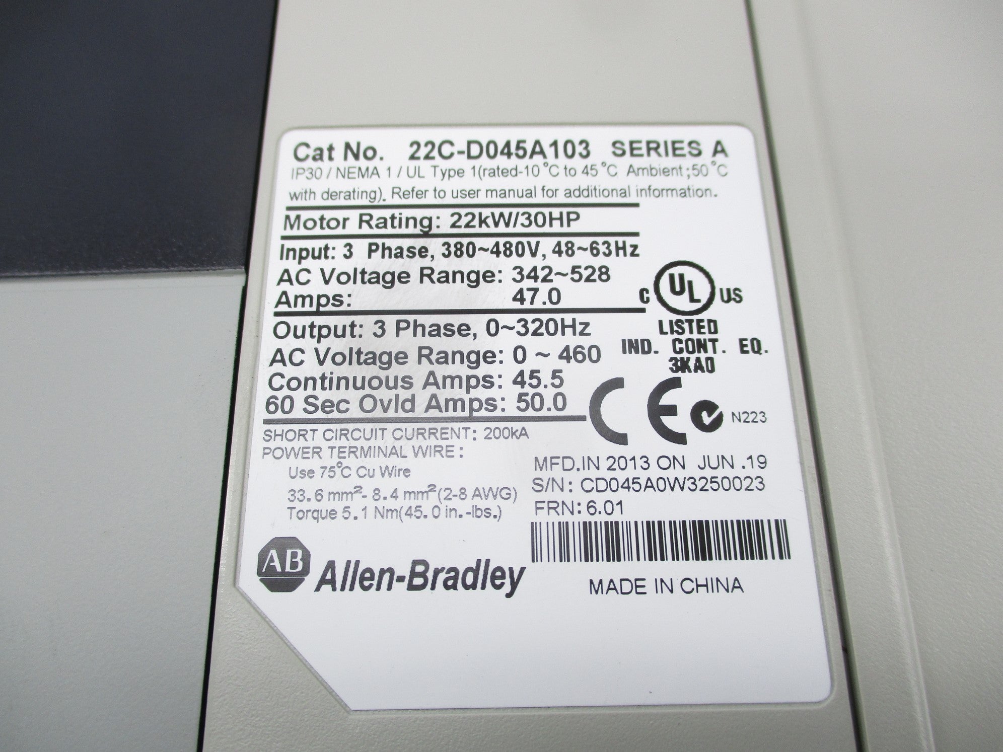 ALLEN BRADLEY 22C-D045A103 F/W 6.01 SER. A NSNP