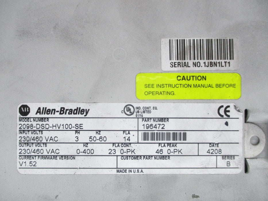 ALLEN BRADLEY 2098-DSD-HV100-SE SER. B F/W V1.52 UNMP