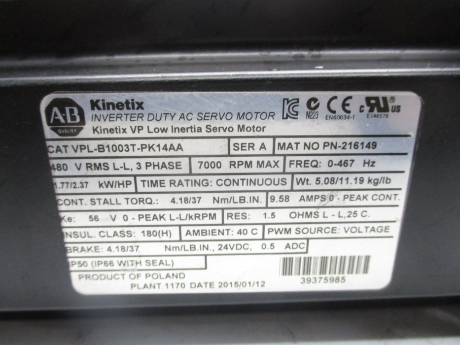 ALLEN BRADLEY VPL-B1003T-PK14AA SER. A NSMP