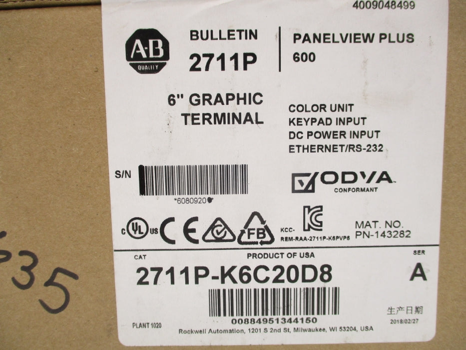 ALLEN BRADLEY 2711P-K6C20D8 SER. A DATE: 2018 NSFS