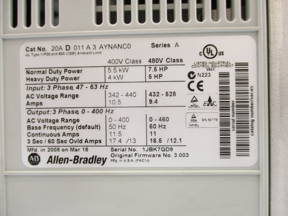 ALLEN BRADLEY 20AD011A3AYNANC0 SER. A F/W 3.003 NSNP