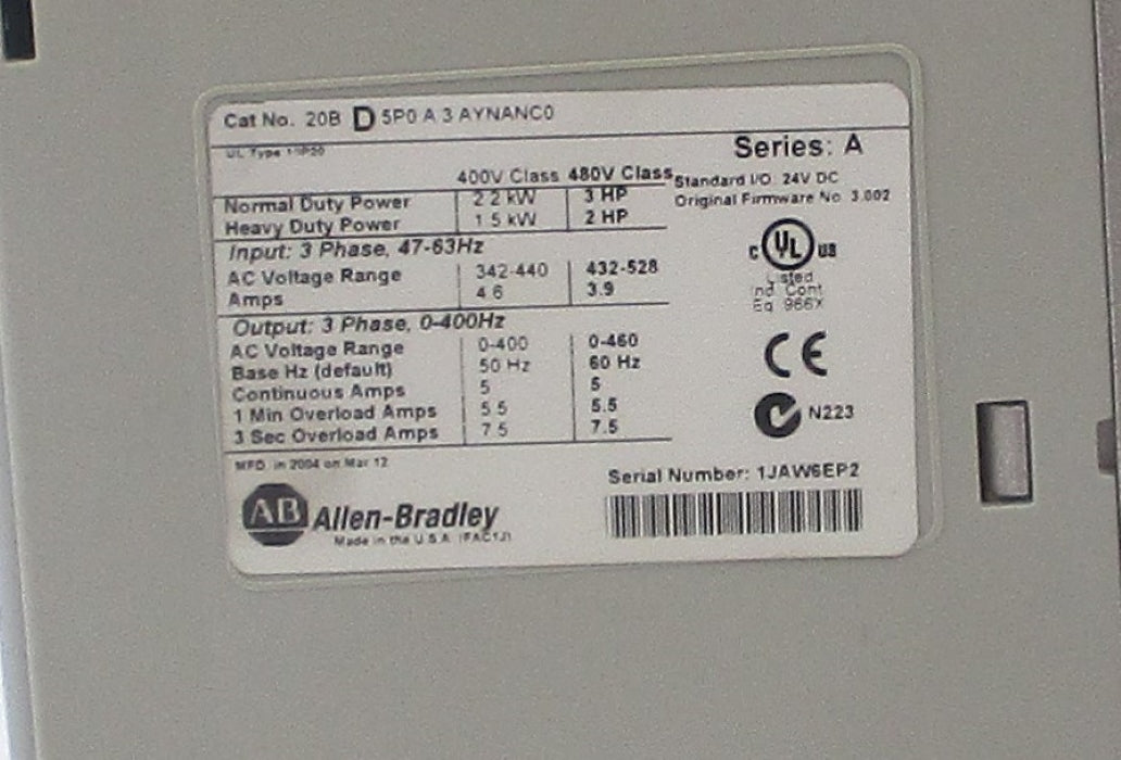 INDUSTRIAL SPARE PART 20BD5P0A3AYNANC0 SER. A F/W 3.002 NSNP