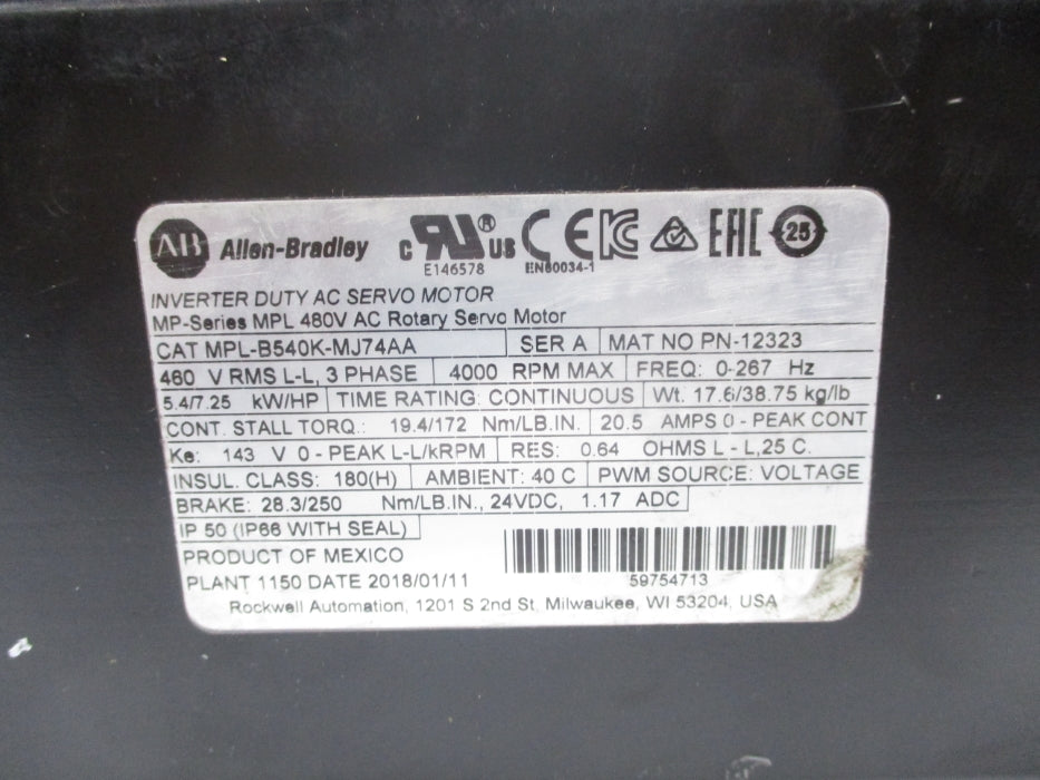 ALLEN BRADLEY MPL-B540K-MJ74AA SER. A (AS PICTURED) NSNP