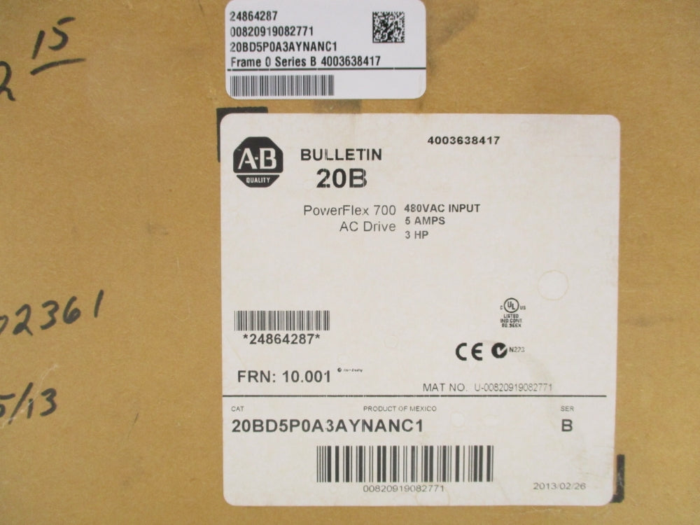ALLEN BRADLEY 20BD5P0A3AYNANC1 SER. B F/W 10.001 DATE: 2013 NSFS