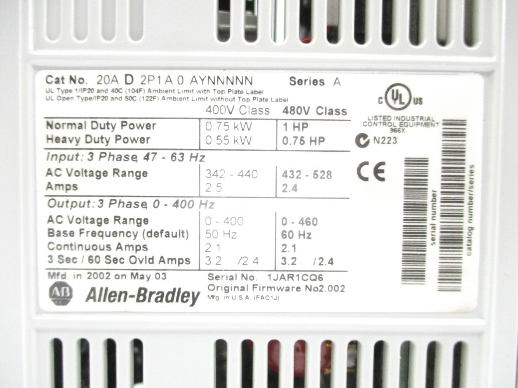 ALLEN BRADLEY 20AD2P1A0AYNNNNN SER. A F/W 2.002 NSMP