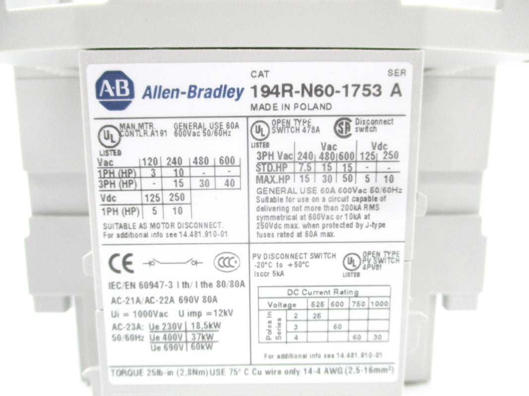ALLEN BRADLEY 194R-N60-1753 SER. A (BR/WH) NSMP