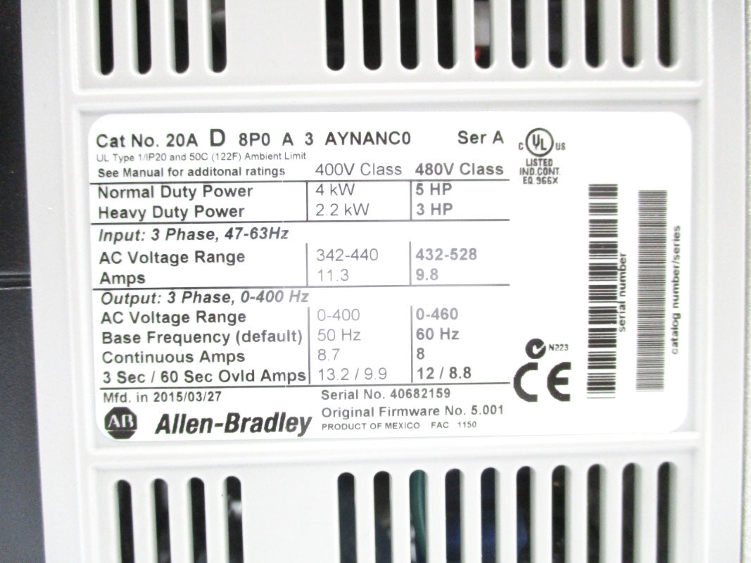 ALLEN BRADLEY 20AD8P0A3AYNANC0 SER. A F/W 5.001 480VAC 8A NSMP