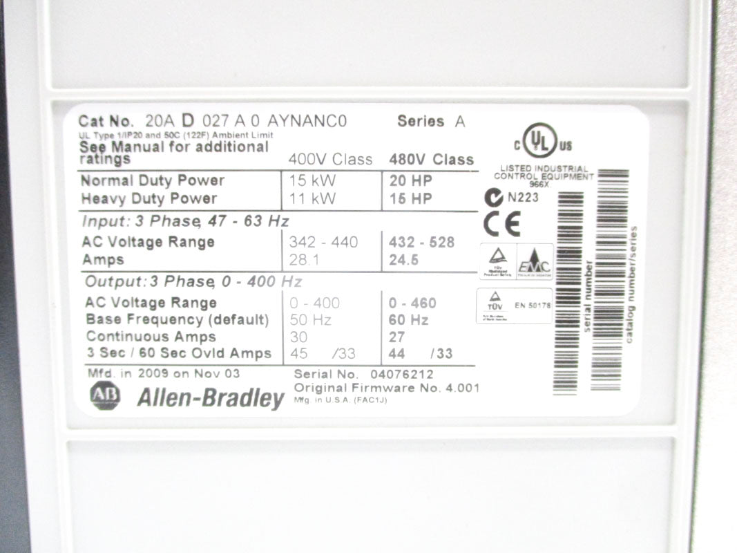 ALLEN BRADLEY 20AD027A0AYNANC0 SER. A F/W 4.001 NSNP