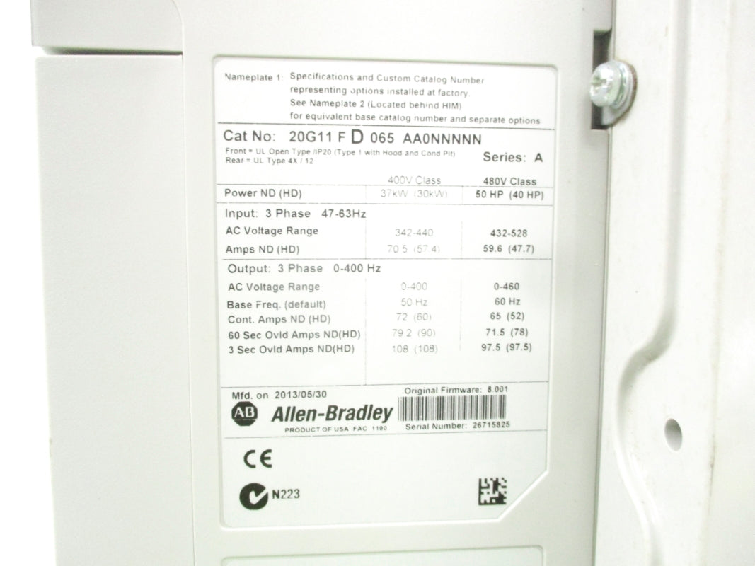 ALLEN BRADLEY 20G11FD065AA0NNNNN SER. A F/W 8.001 NSNP