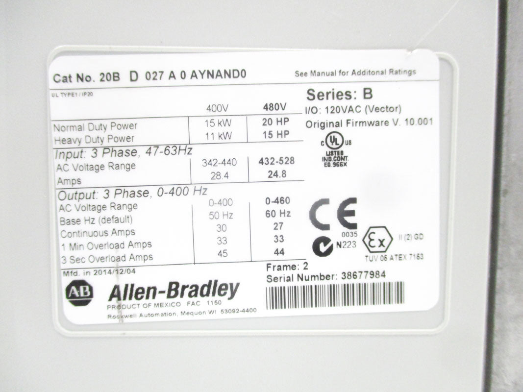 ALLEN BRADLEY 20BD027A0AYNAND0 SER. B F/W 10.001 UNMP