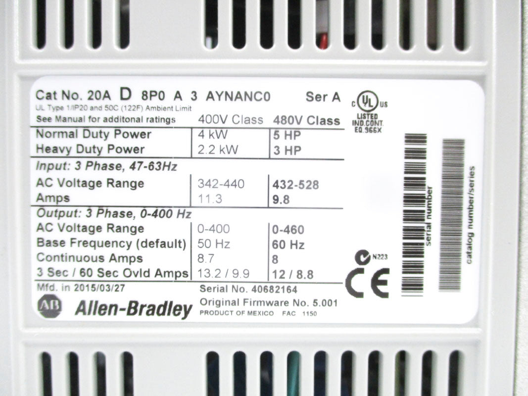 ALLEN BRADLEY 20AD8P0A3AYNANCO SER. A F/W 5.001 NSMP