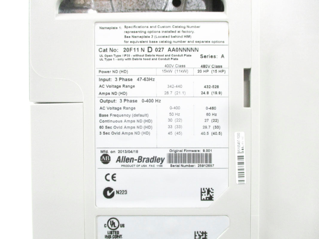 ALLEN BRADLEY 20F11ND027AA0NNNNN SER. A F/W 9.001 REMAN