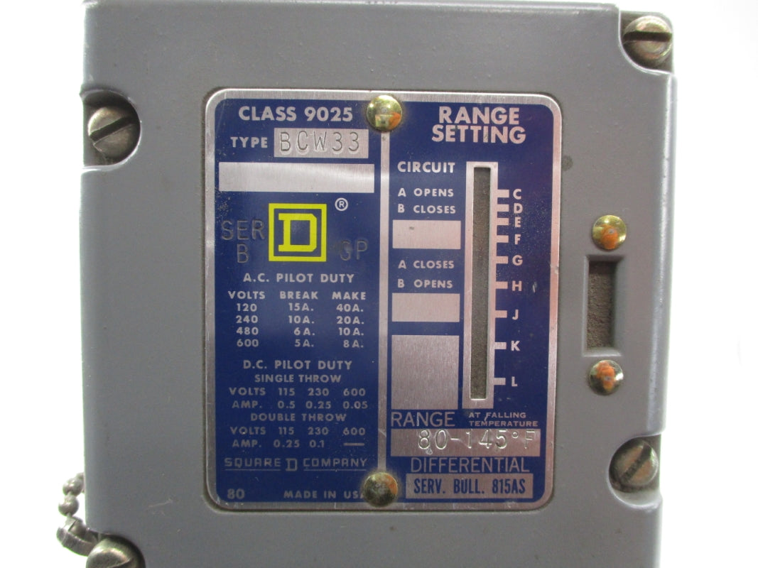 SQUARE D 9025BCW33 SER. B 115-123'F 40A 600VAC NSMP