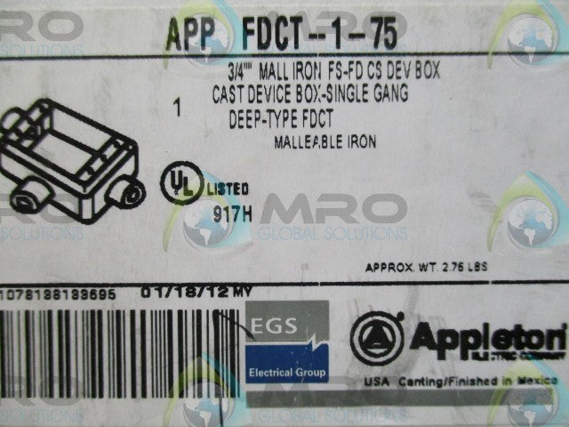 APPLETON ELECTRIC FDCT-1-75 1G 3/4" MALL FDCT BOX *NEW IN BOX*