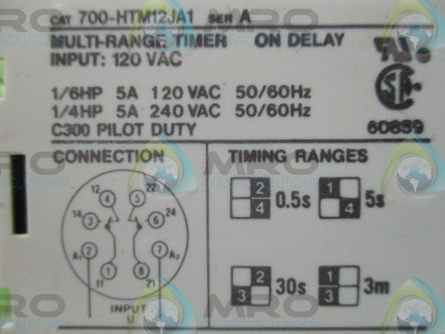 ALLEN BRADLEY 700-HTM12JA1 SER. A MILTI-RANGE TIMER ON DELAY *USED*