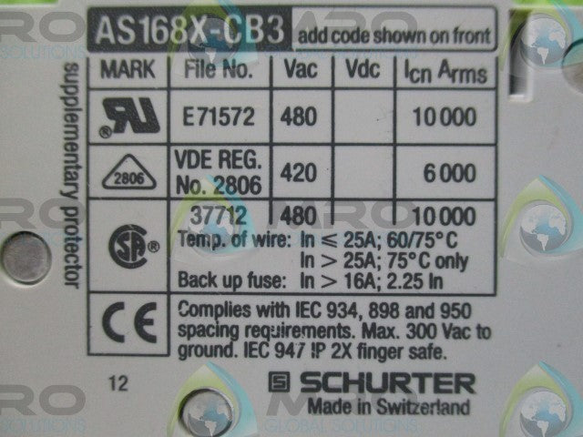 SCHURTER AS168X-CB3-G300 3-POLE BREAKER, 8A, 480VAC *USED*
