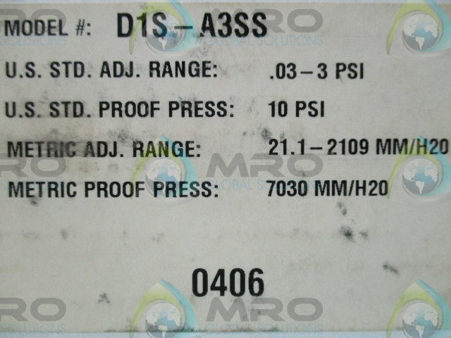 BARKSDALE CONTROLS D1S-A3SS METAL DIAPHRAGM PRESSURE SWITCH *NEW IN BOX*