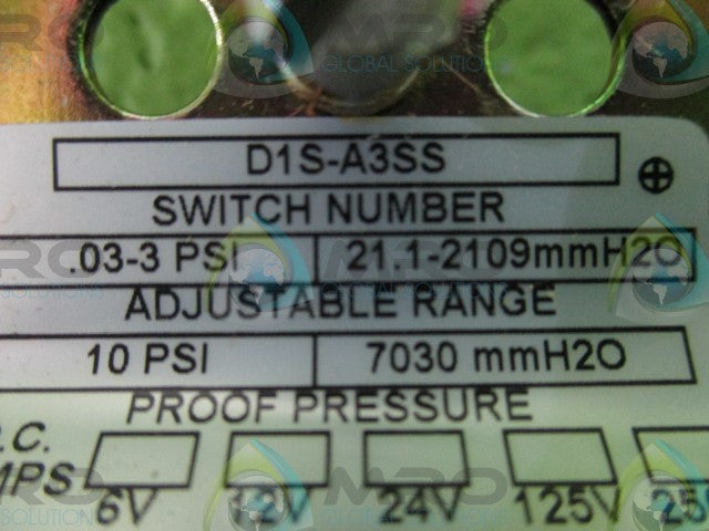 BARKSDALE CONTROLS D1S-A3SS METAL DIAPHRAGM PRESSURE SWITCH *NEW IN BOX*