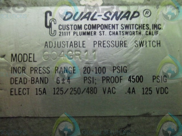 CCS 604GR11 DUAL-SNAP ADJUSTABLE PRESSURE SWITCH *NEW NO BOX*