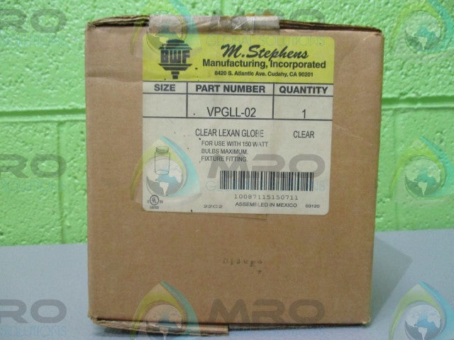 M.STEPHENS M.F.G., INC. VPGLL-02 CLEAR LEXAN GLOBE *FACTORY SEALED*