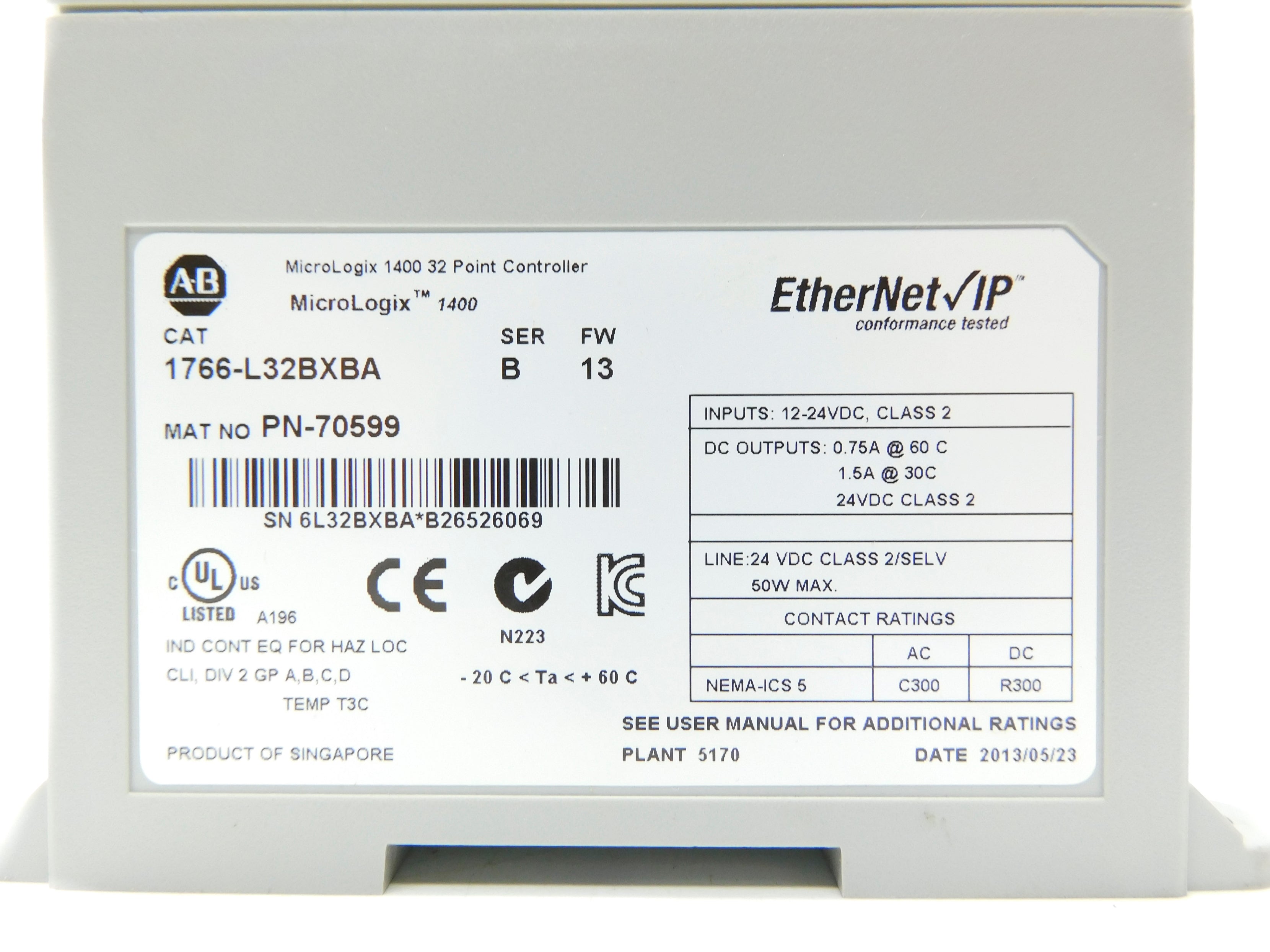 ALLEN BRADLEY 1766-L32BXBA SER. B F/W 13 12-24VDC NSNP
