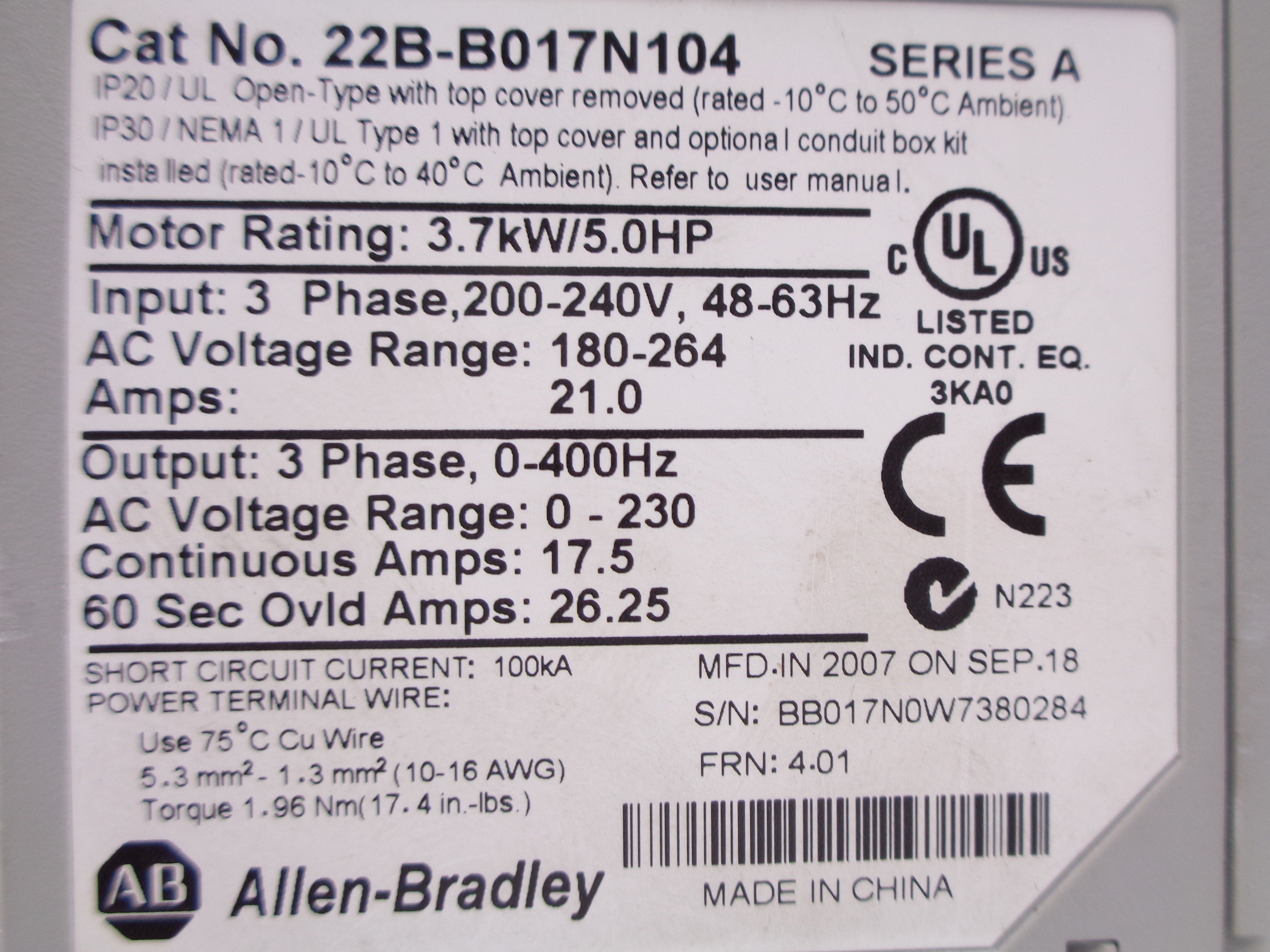ALLEN BRADLEY 22B-B017N104 SER. A F/W 4.01 (AS PICTURED) UNMP