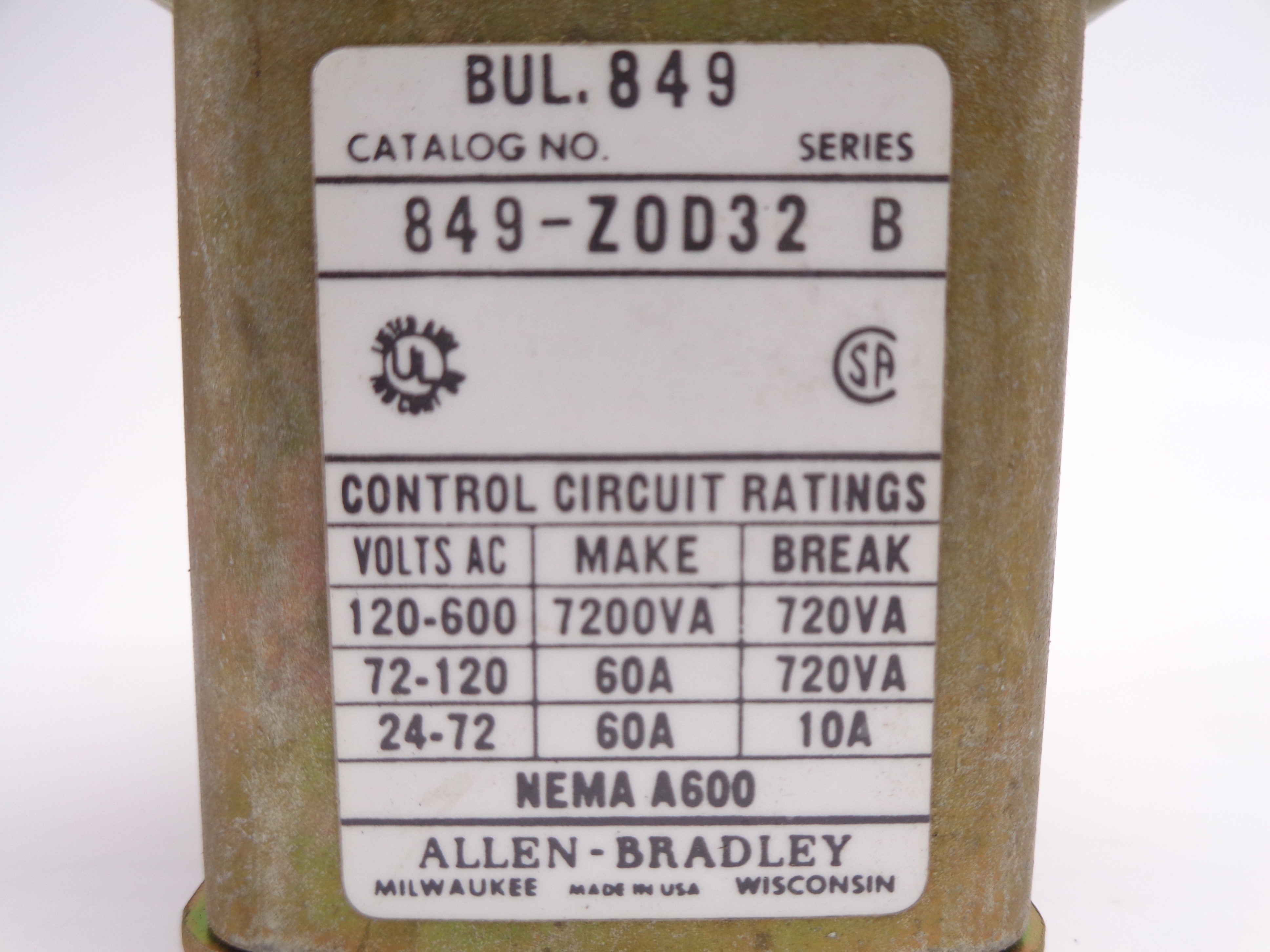 INDUSTRIAL SPARE PART 849-ZOD32 SER. B 110/120V 60A NSNP