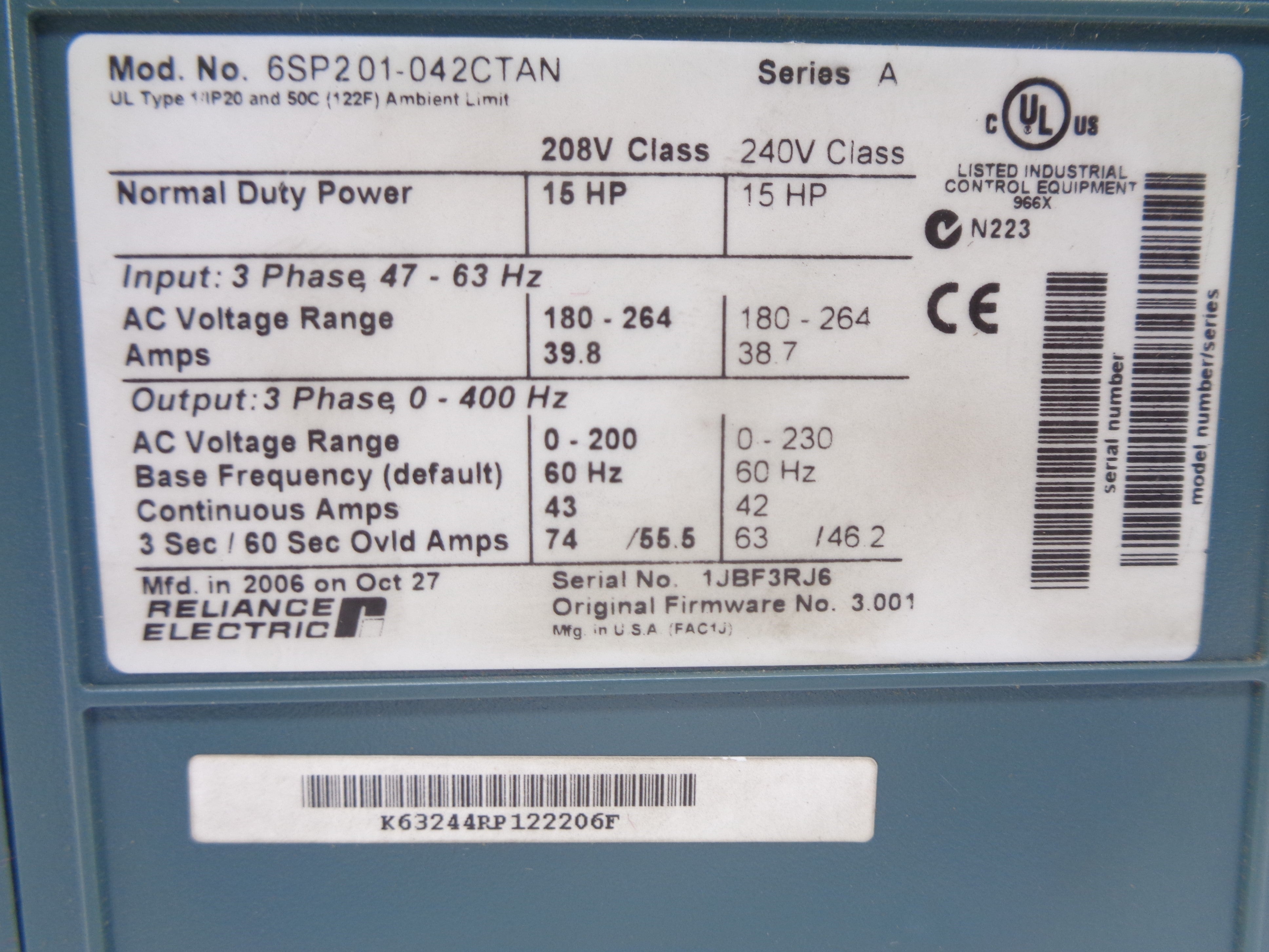 RELIANCE ELECTRIC 6SP201-042CTAN SER. A UNMP