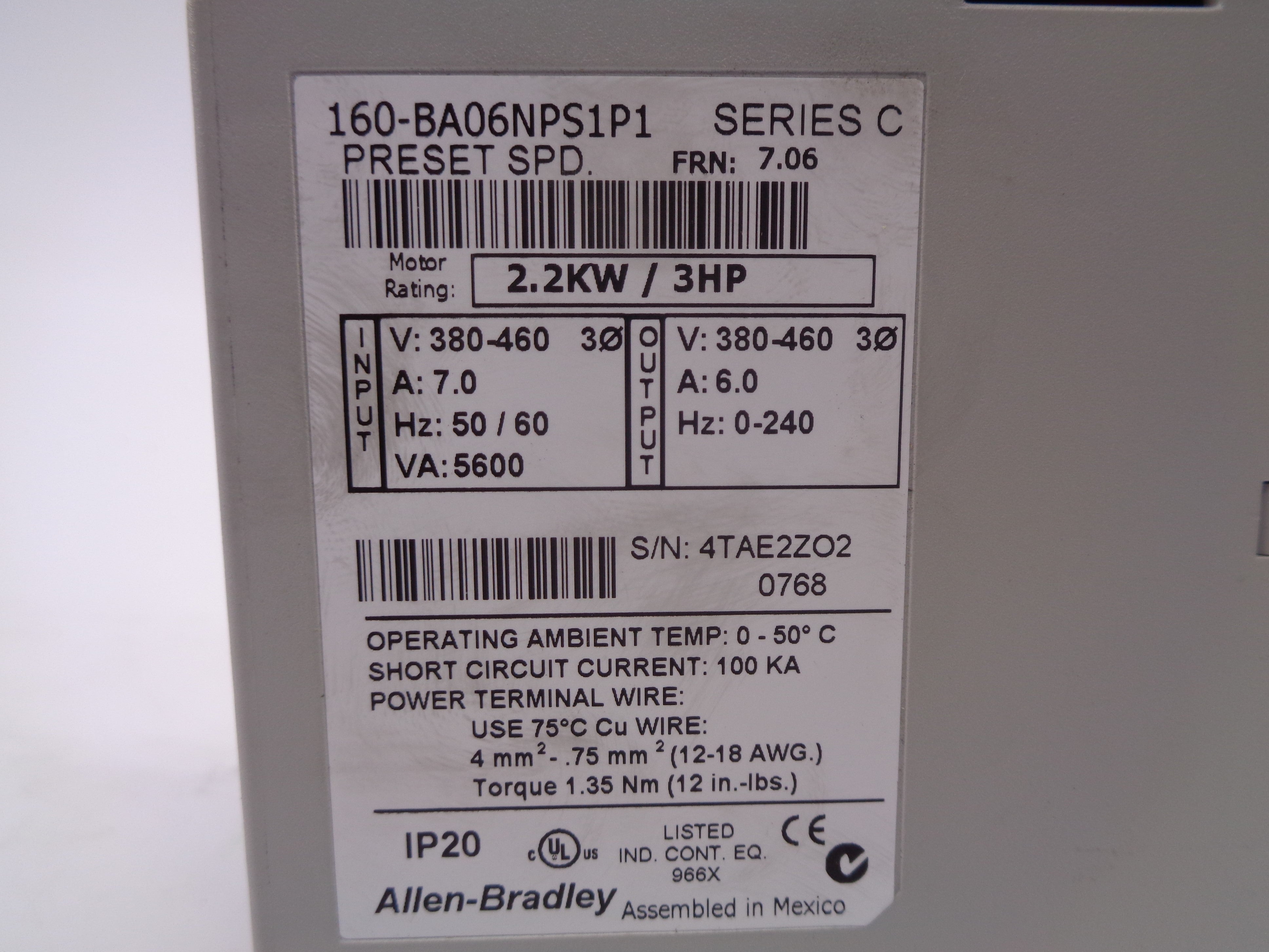 ALLEN BRADLEY 160-BA06NPS1P1 SER. C F/W 7.06 NSNP