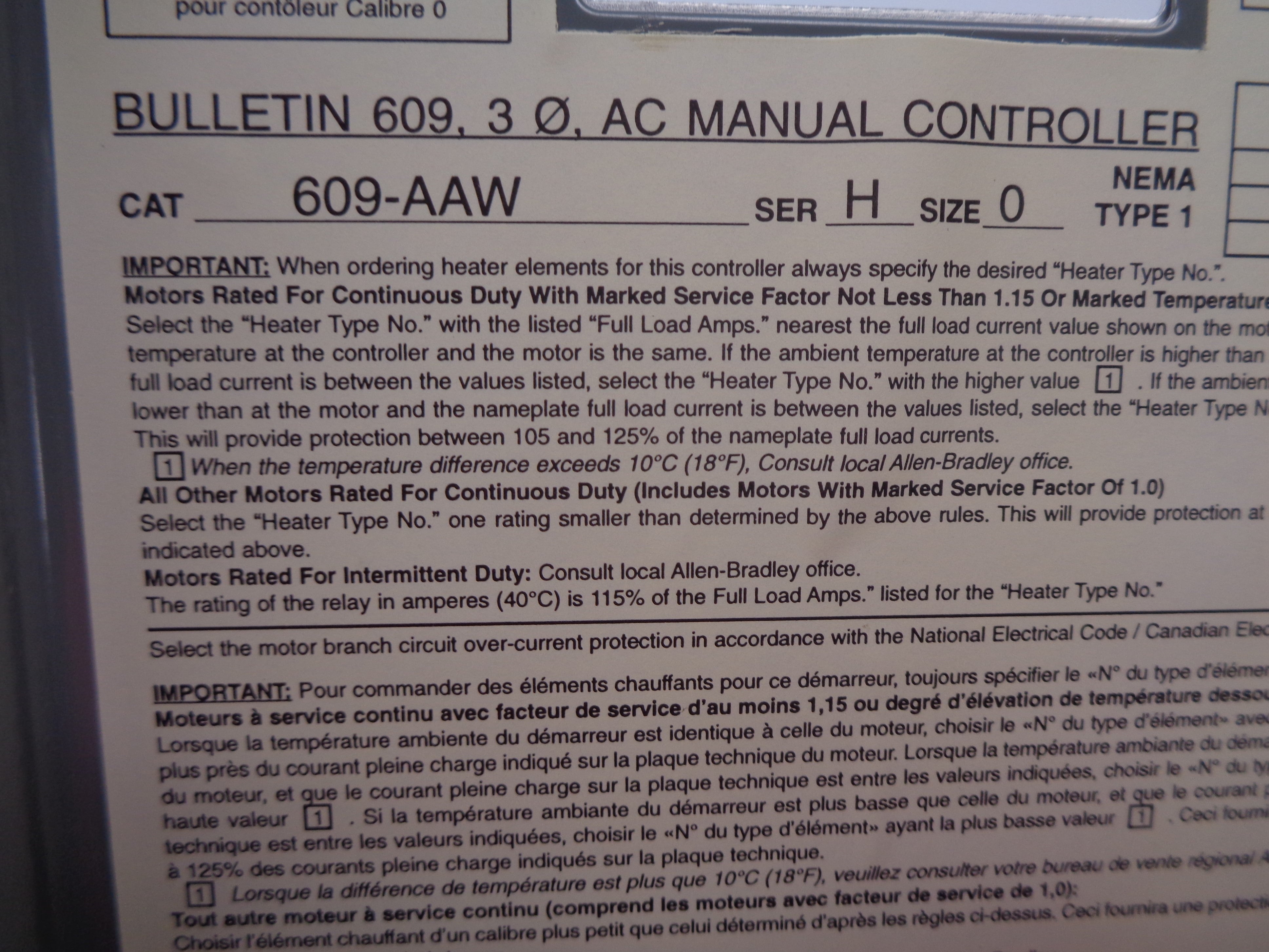ALLEN BRADLEY 609-AAW SER. H NSNP