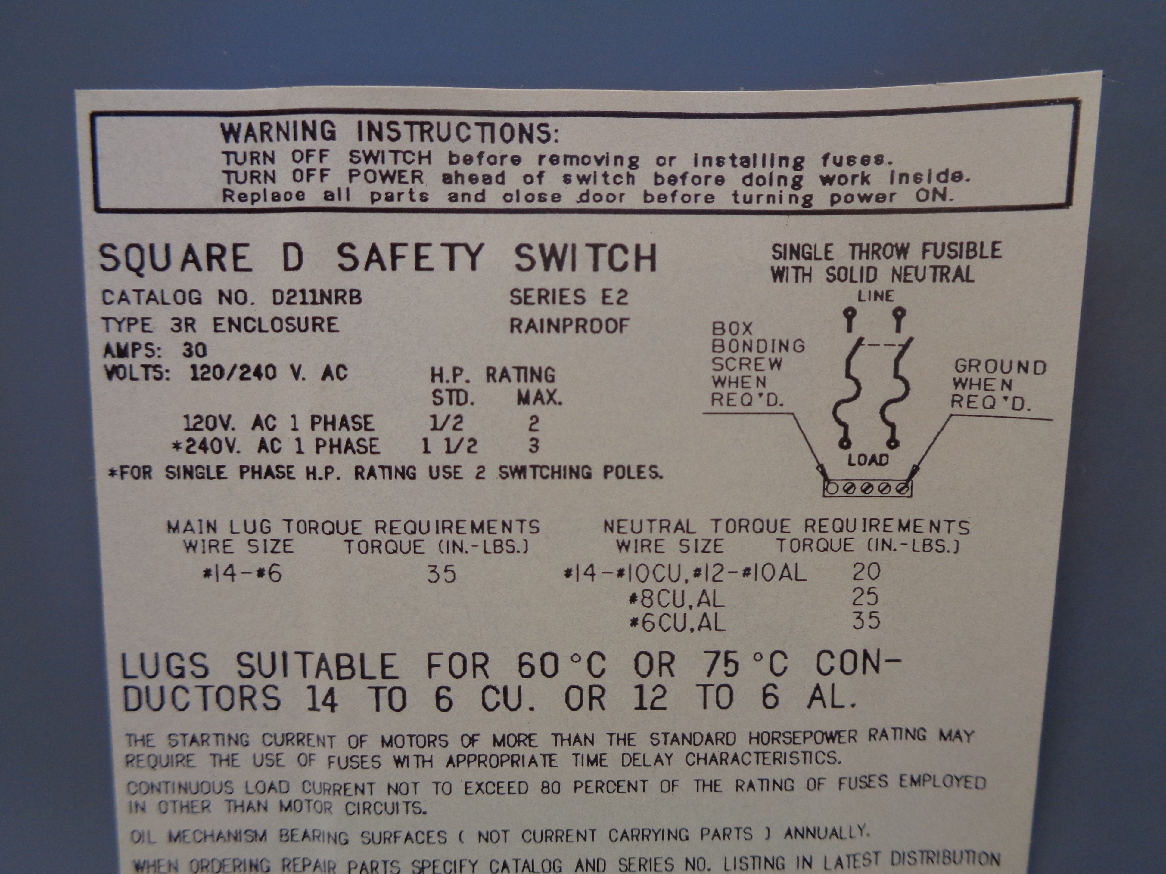 SQUARE D D211NRB SER. E2 UNMP