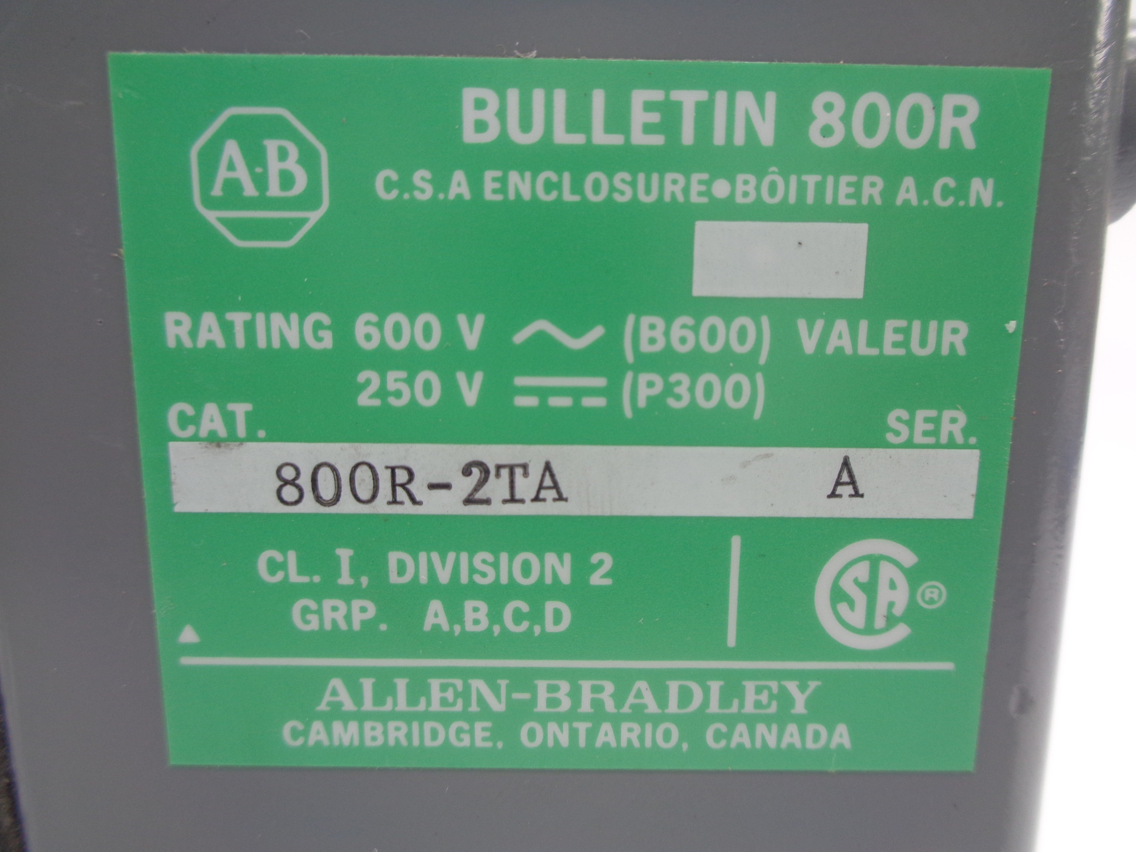 ALLEN BRADLEY 800R-2TA SER. A (AS PICTURED) NSNP