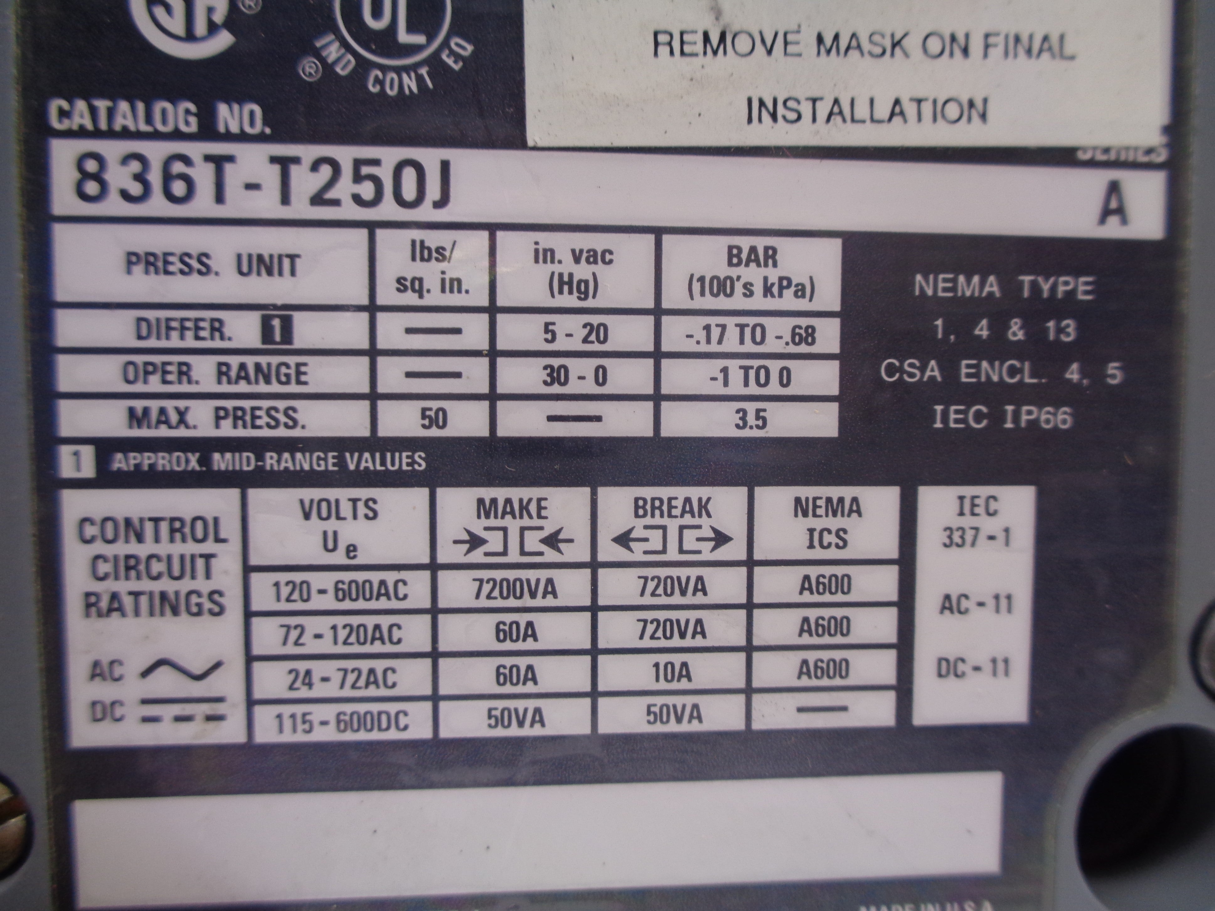 INDUSTRIAL SPARE PART 836T-T250J SER. A 120-600VAC 60A 50PSI NSNP