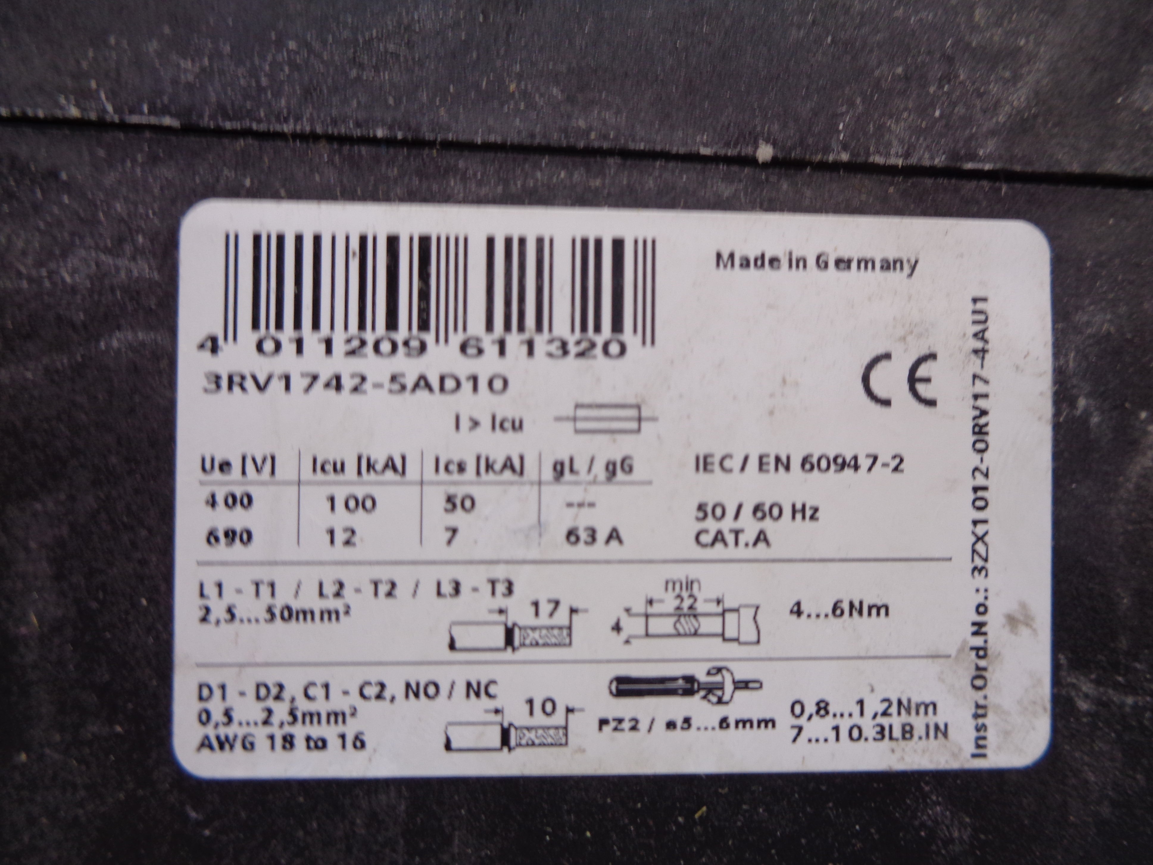 SIEMENS 3RV1742-5AD10 63A 600V NSNP