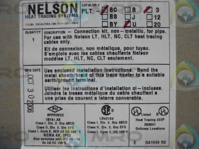 NELSON HEATING & TRACING SYSTEMS PLT BC U 3 CONNECTION KIT FOR PIPES *FACTORY SEALED*