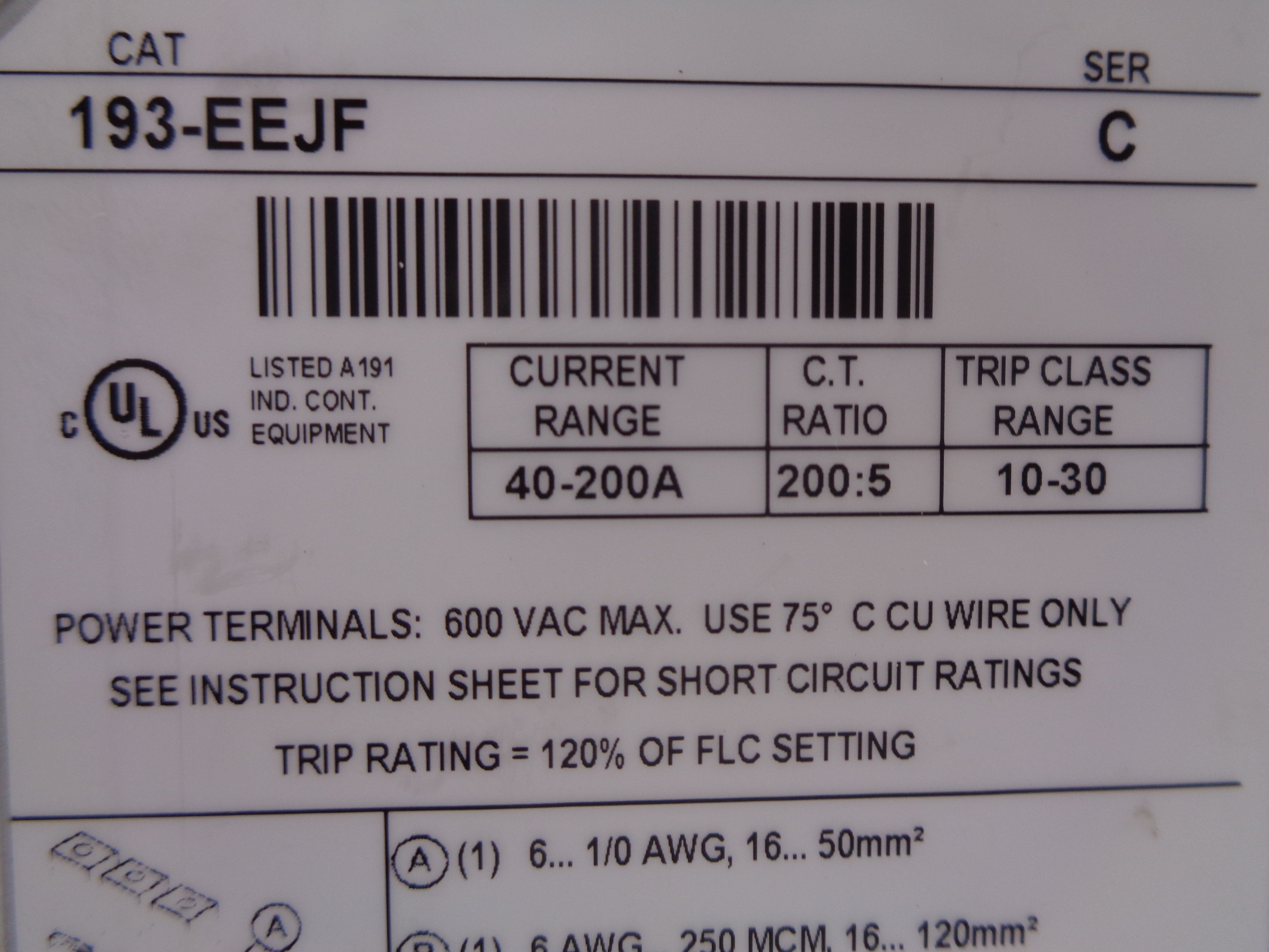 ALLEN BRADLEY 193-EEJF 200A 600V SER. C NSNP