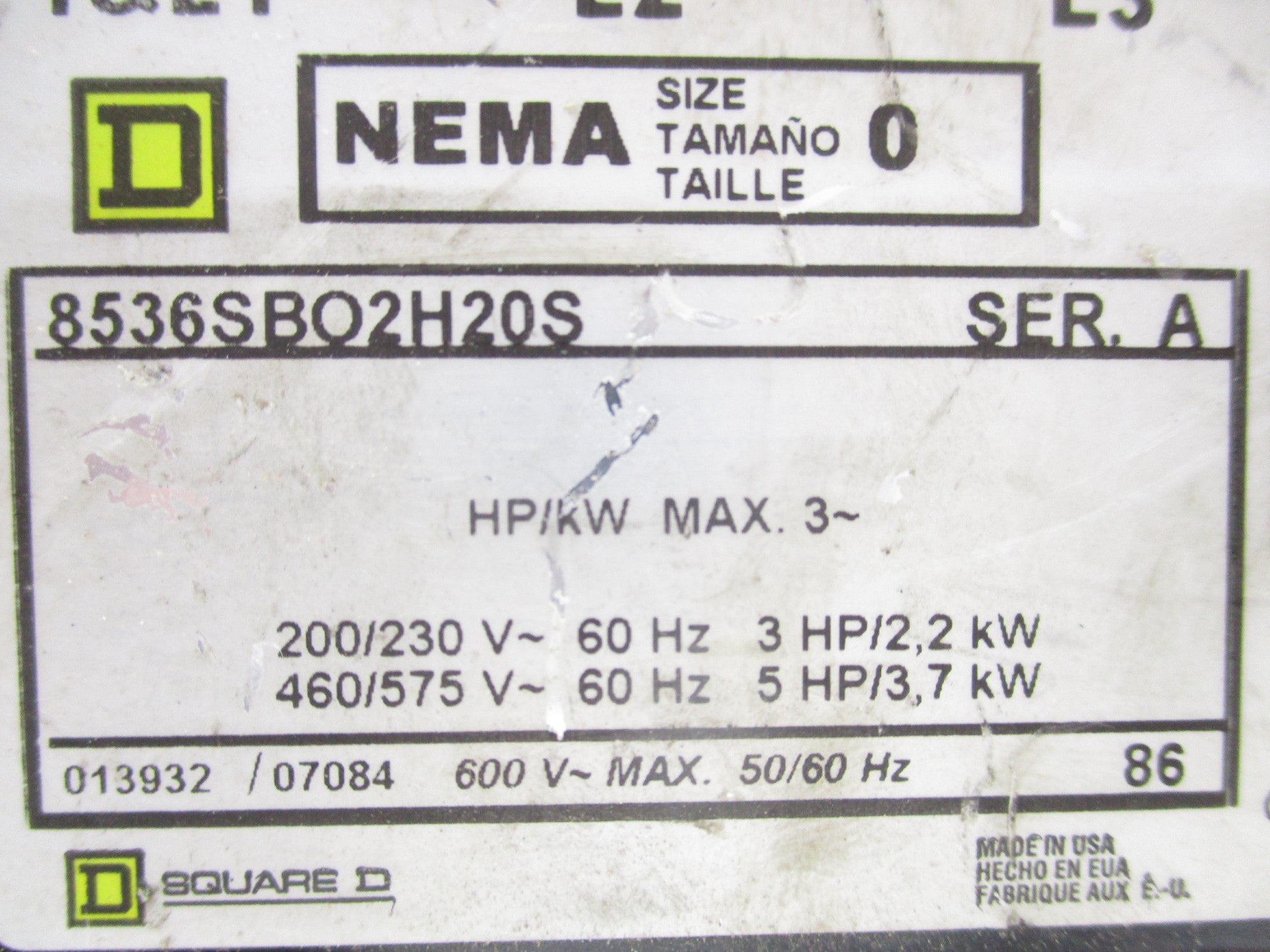 SQUARE D 8536SBO2H20S SER. A 110-120V 6-18A UNMP