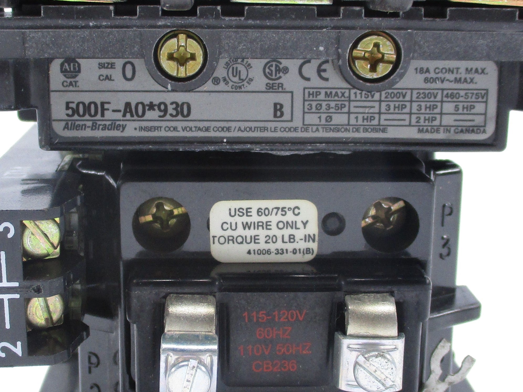 INDUSTRIAL SPARE PART 500F-AOD930 SER. B 110/115-120V 18A NSNP