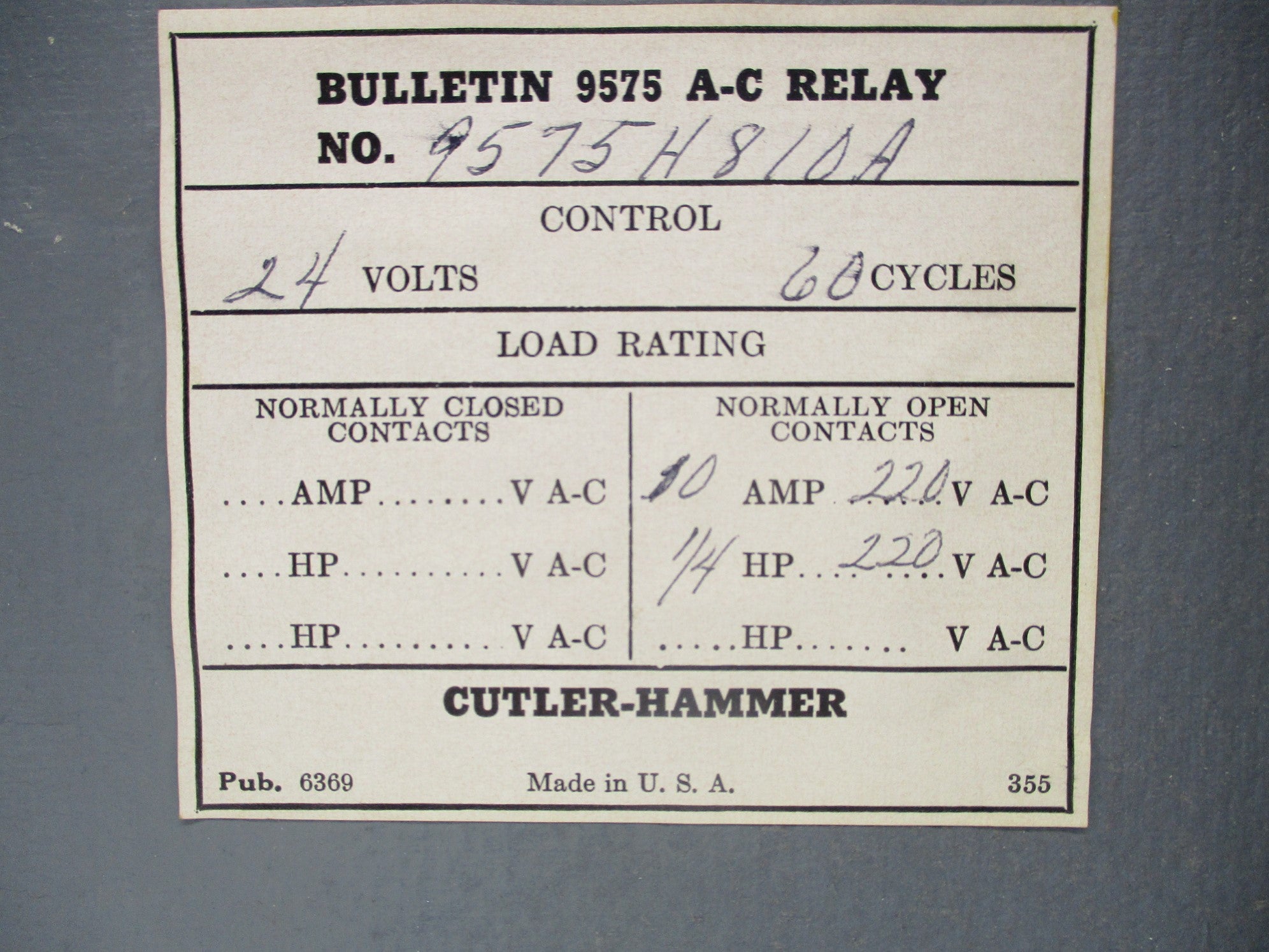 CUTLER HAMMER 9575H810A 10A 24V NSNP