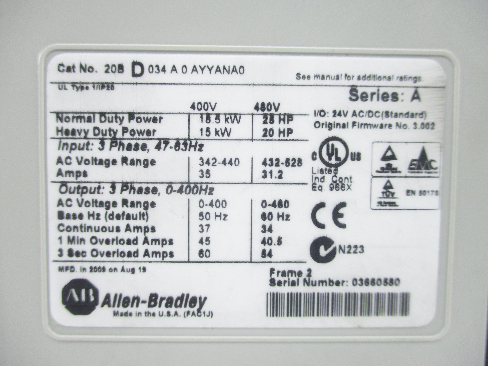 ALLEN BRADLEY 20BD034A0AYYANA0 SER. A F/W 3.0002 UNMP