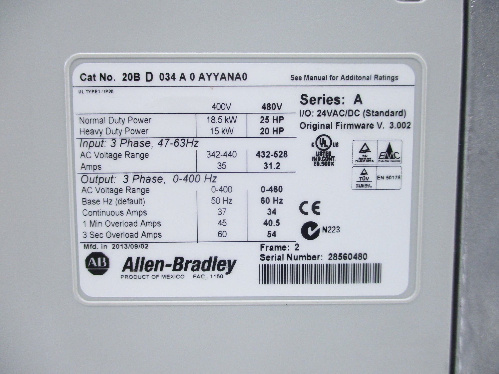 ALLEN BRADLEY 20BD034A0AYYANA0 SER. A F/W 3.0002 UNMP