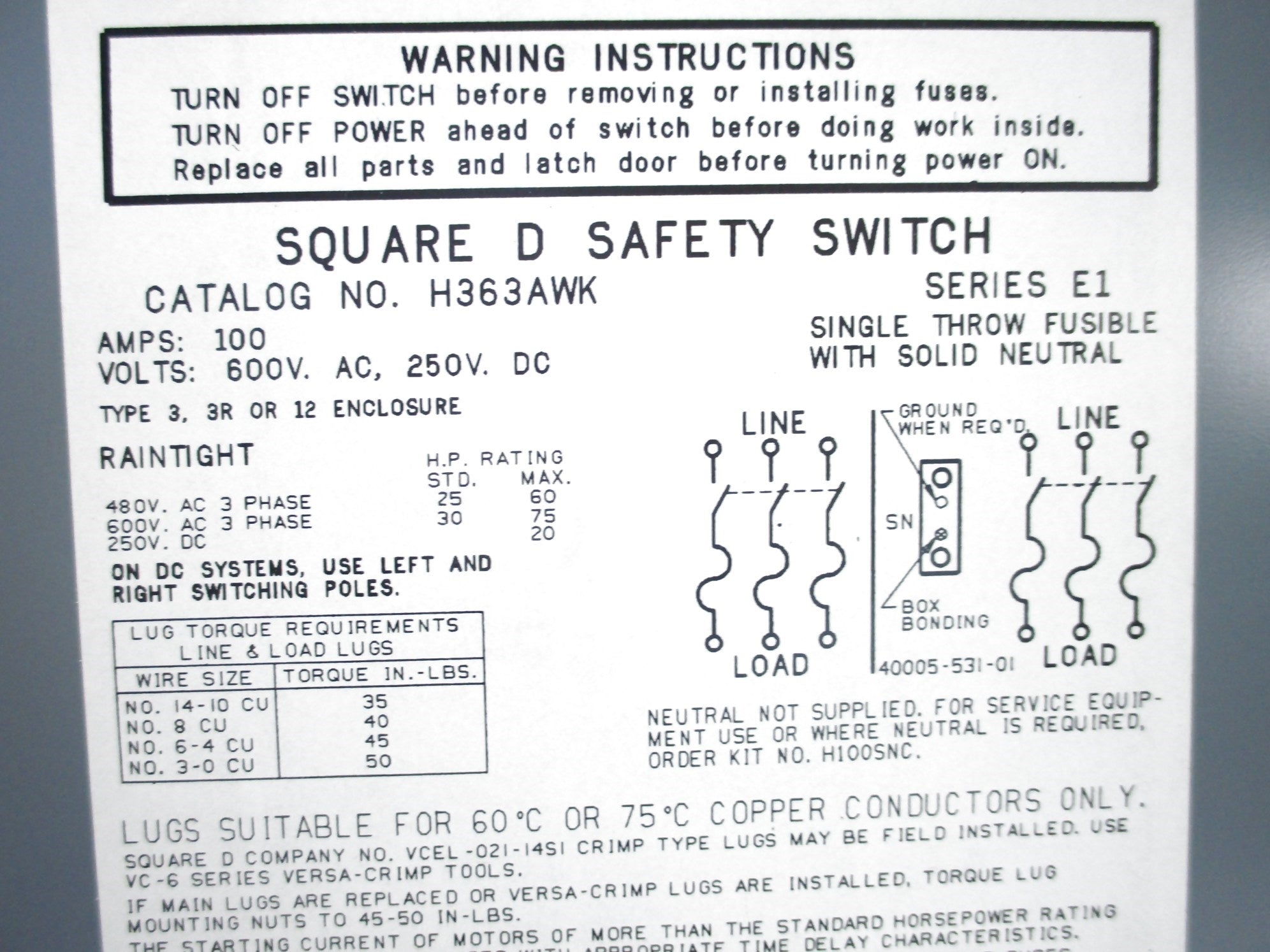 SQUARE D H363AWK SER. E1 NSNP