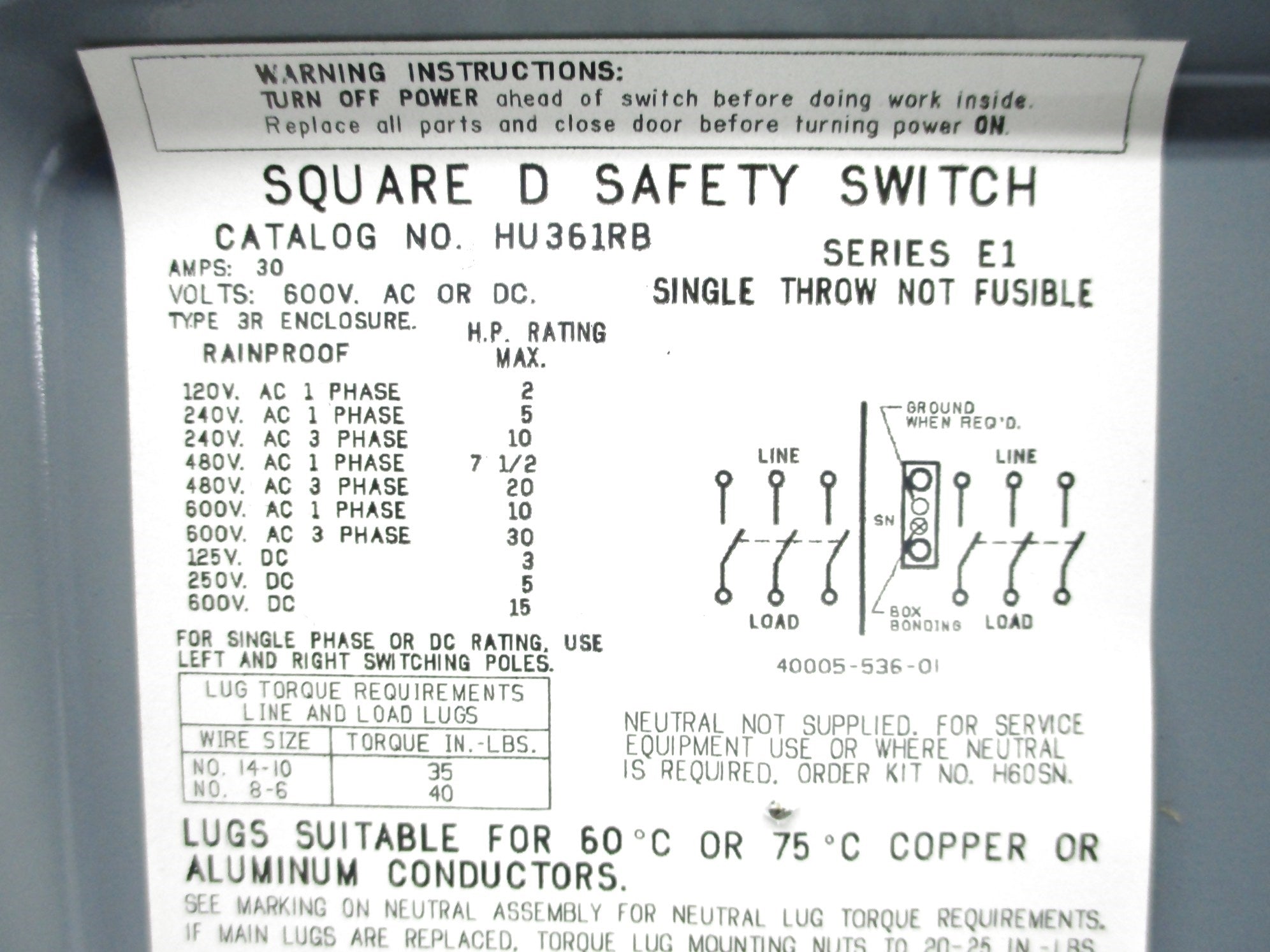 SQUARE D HU361RB SER. E1 NSNP