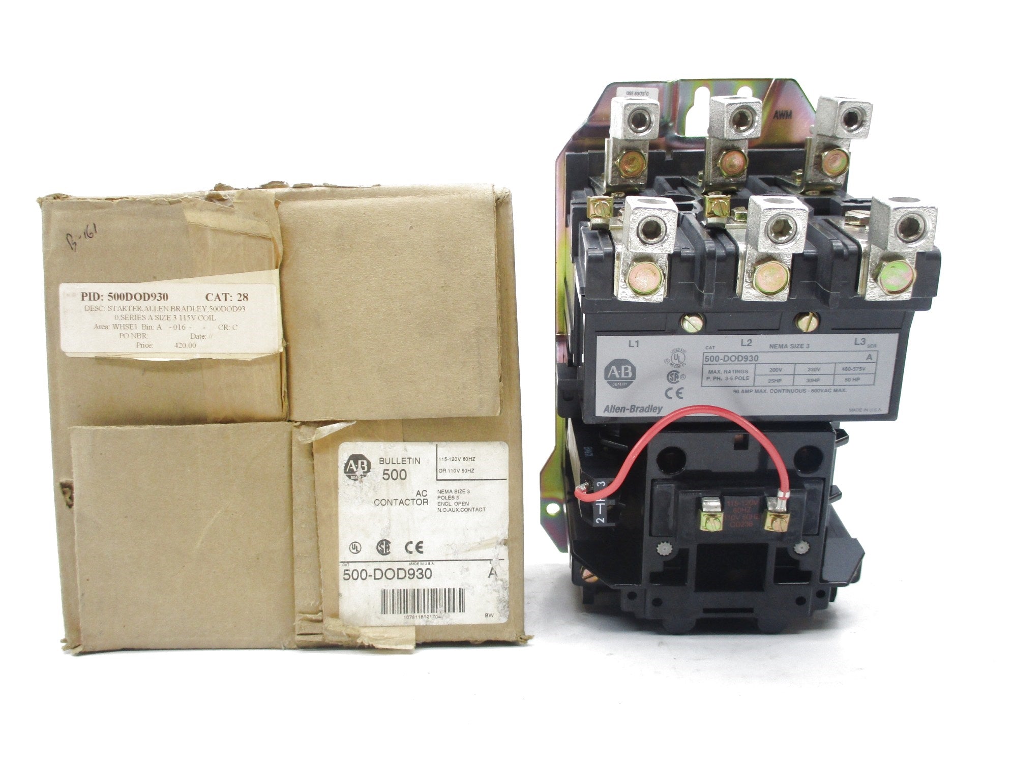 ALLEN BRADLEY 500-DOD930 SER. A 110/115-120V 90A (BR/WH) NSMP