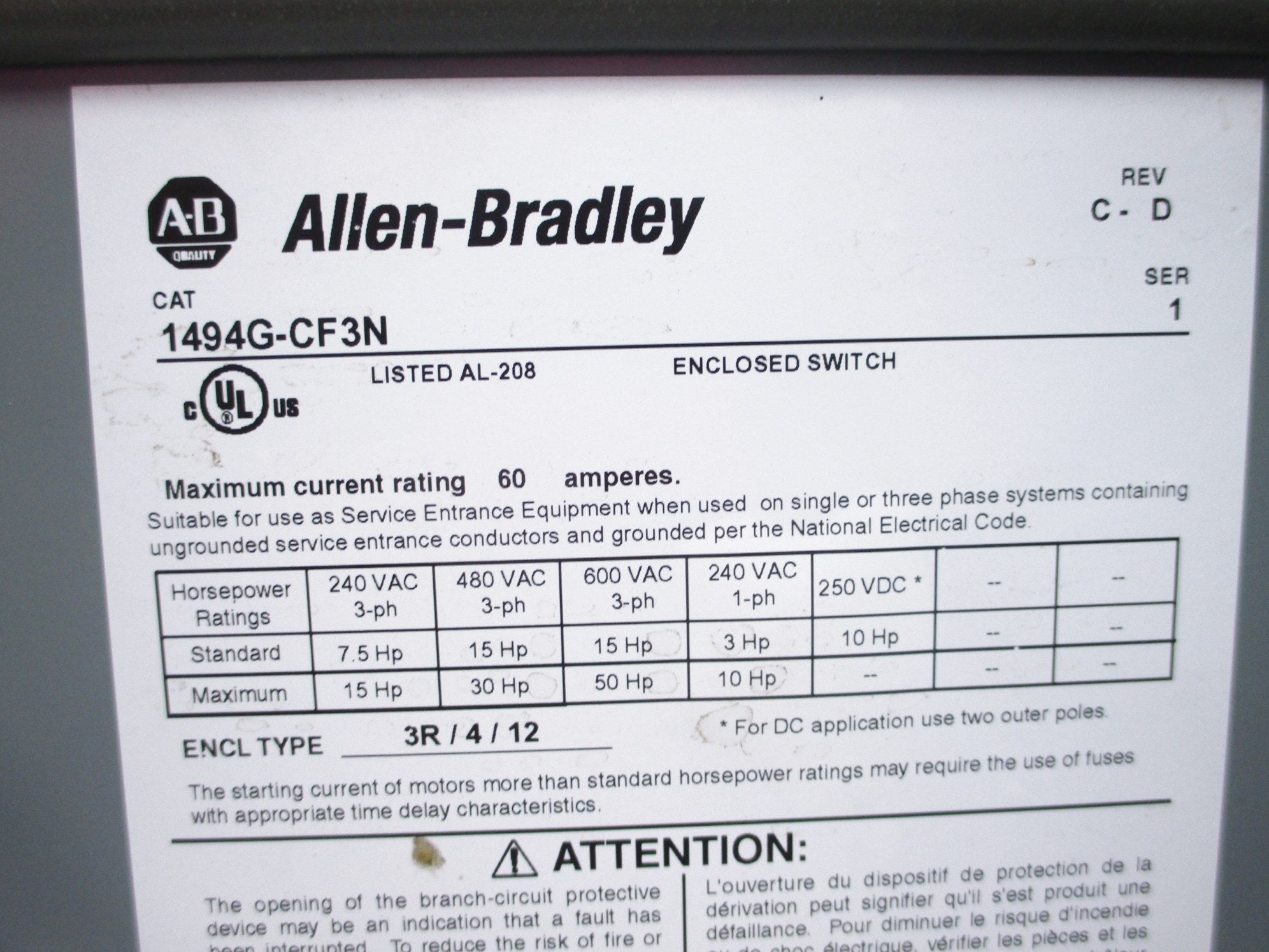 ALLEN BRADLEY 1494G-CF3N SER. 1 600VAC 60A NSNP
