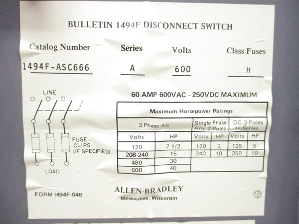 ALLEN BRADLEY 1494F-ASC666 SER. A NSNP