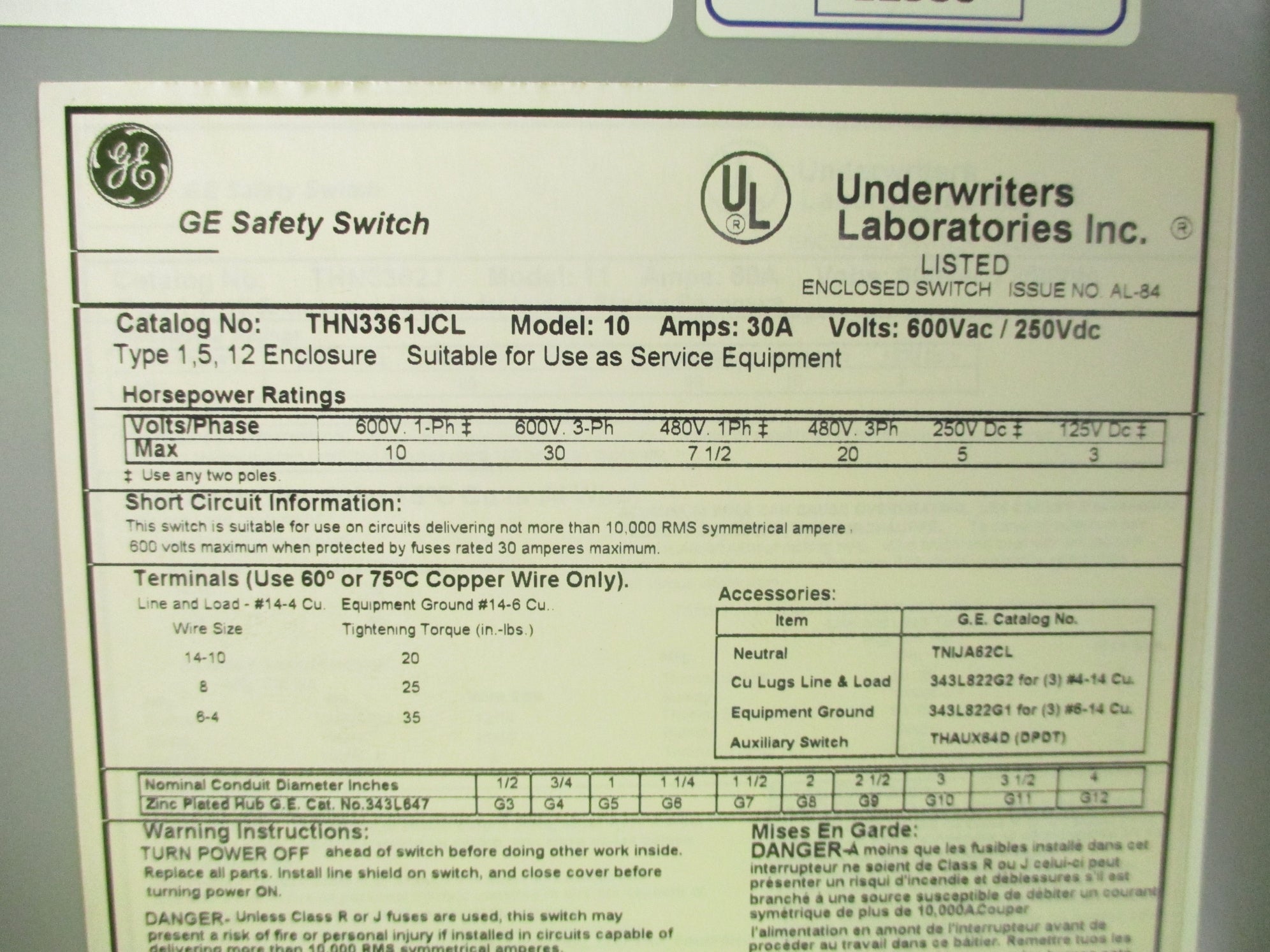 GENERAL ELECTRIC THN3361JCL 30A NSNP